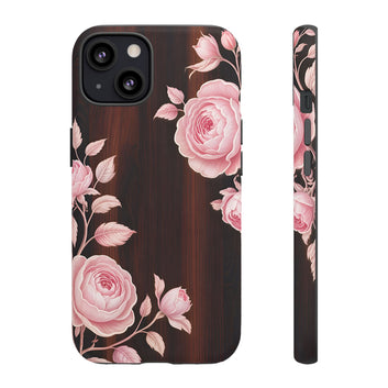 Floral Rose Wood Grain Phone Case — Pink Roses on Dark Wood Tough Case